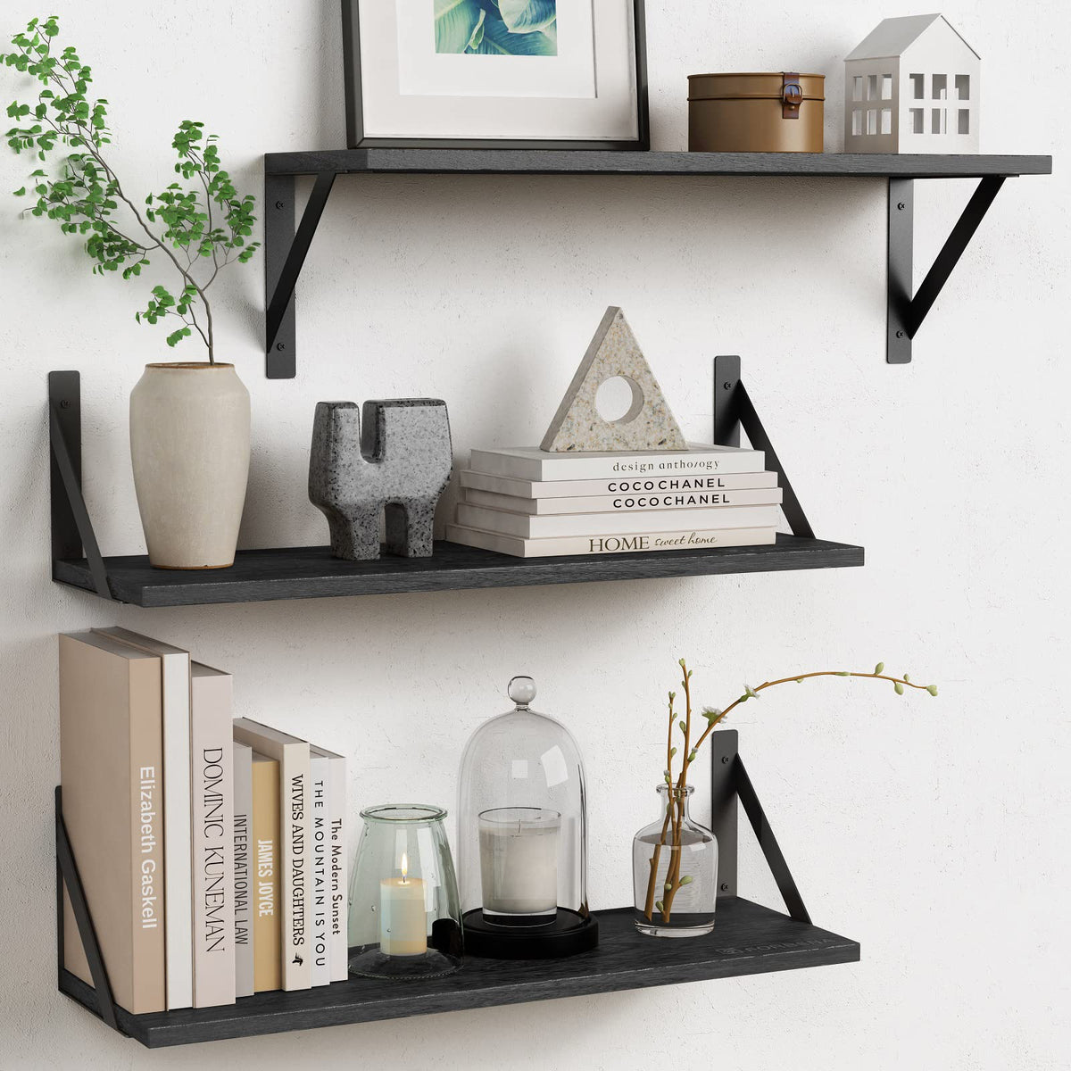 Forbena front view of three mounted shelves showing tidy storage benefit