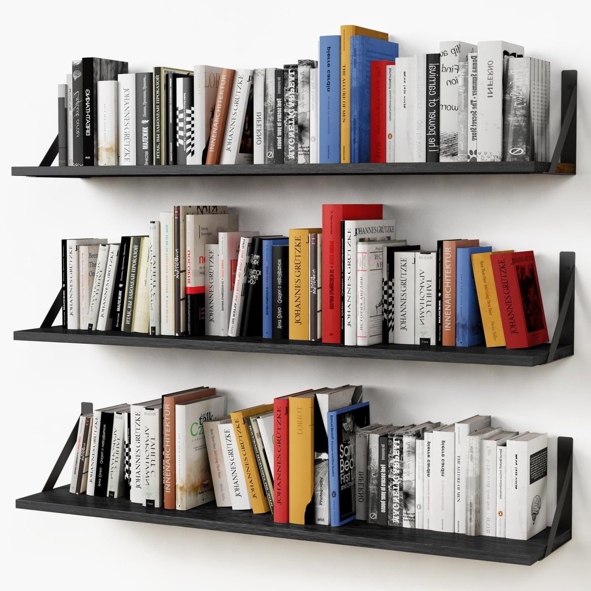 Forbena front view of three 36-inch black floating shelves showing tidy storage benefit