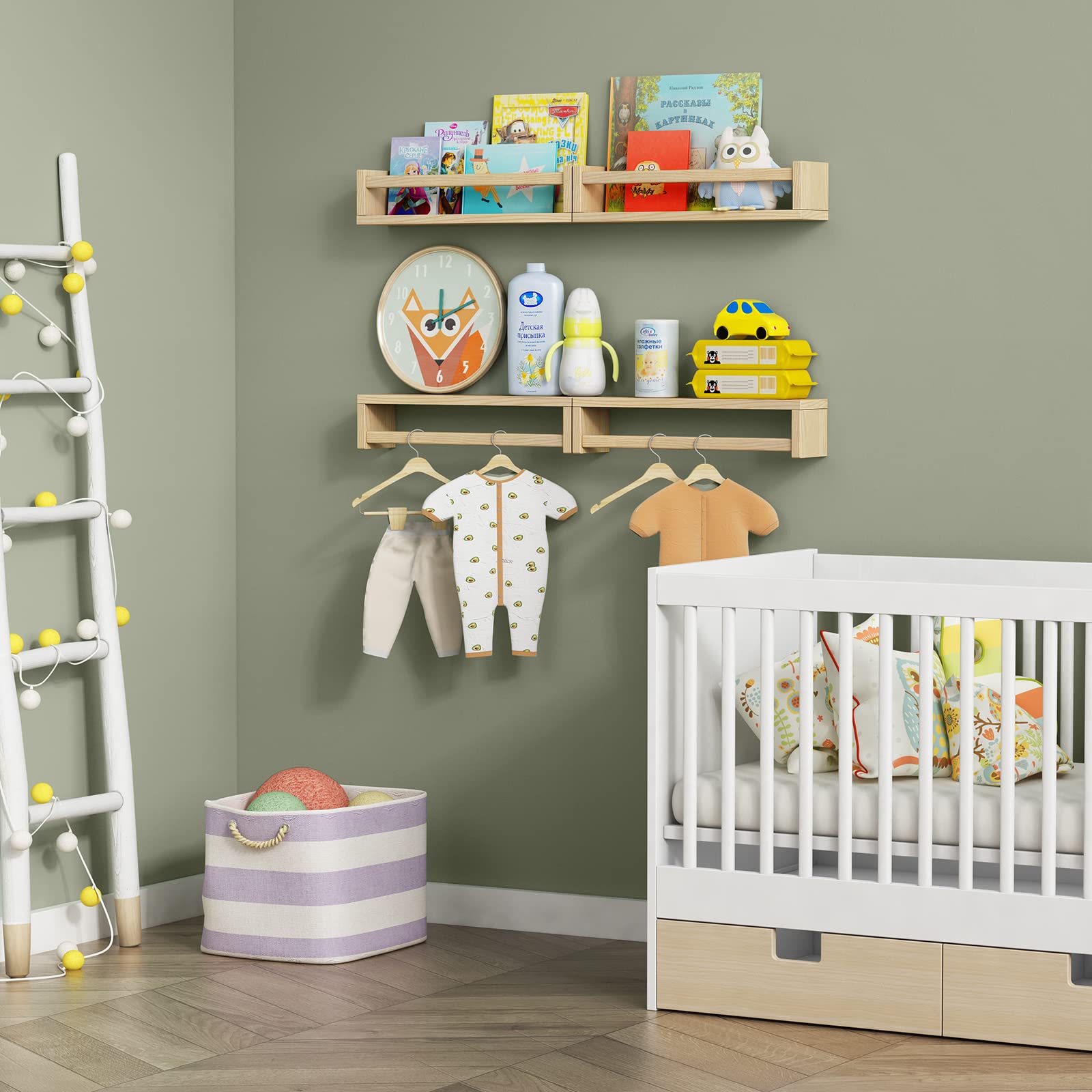 Forbena mounted in a nursery with books and toys for easy child access and organization