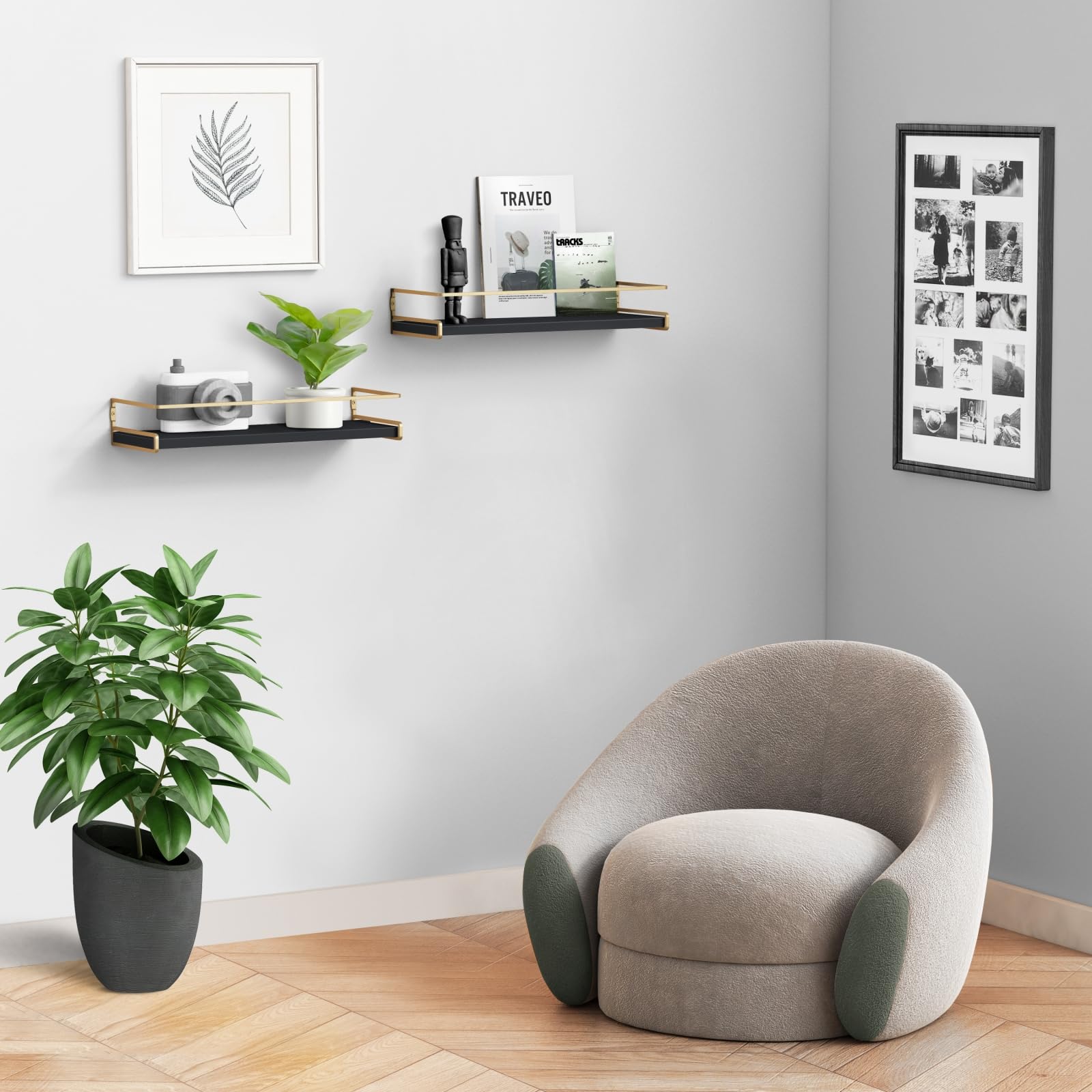 Forbena shelf with common household items to illustrate size and practical storage capacity