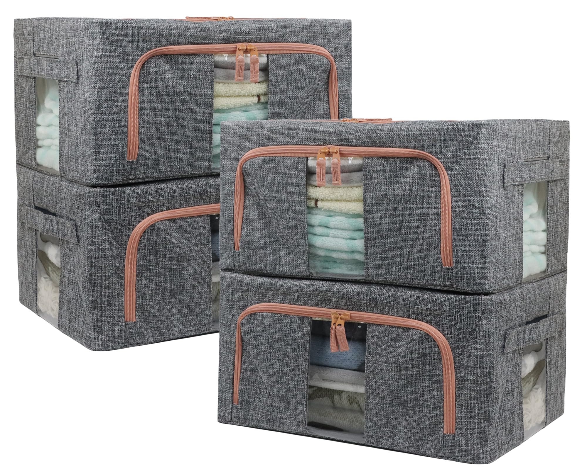 Fordonral front view of four gray linen storage bins showing neat stackability and design