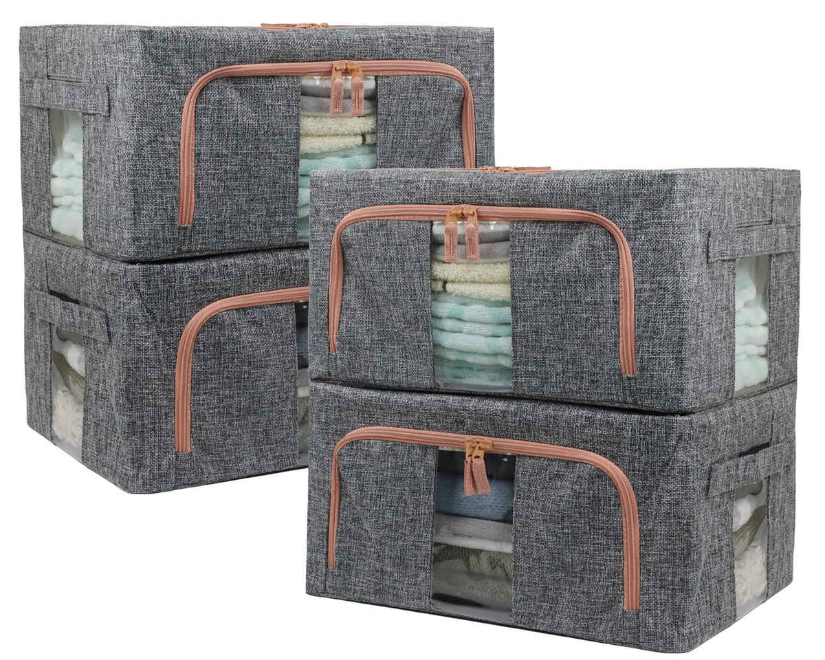 Fordonral front view of four gray linen storage bins showing neat stackability and design