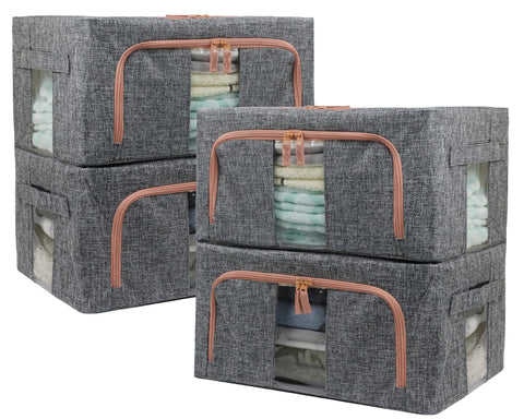 Fordonral front view of four gray linen storage bins showing neat stackability and design