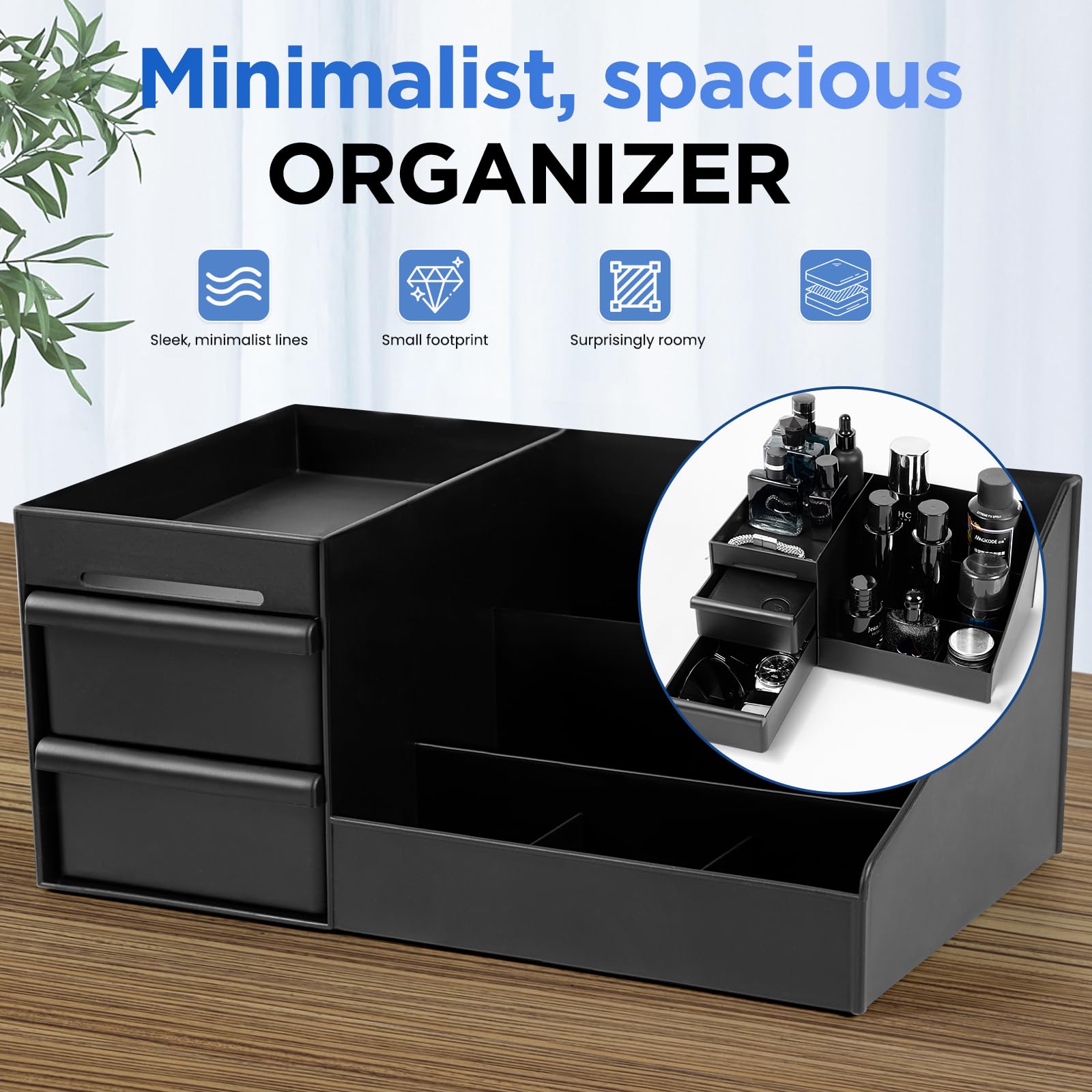 Forest Angle close-up of deep drawer storing watches and razors for secure organization
