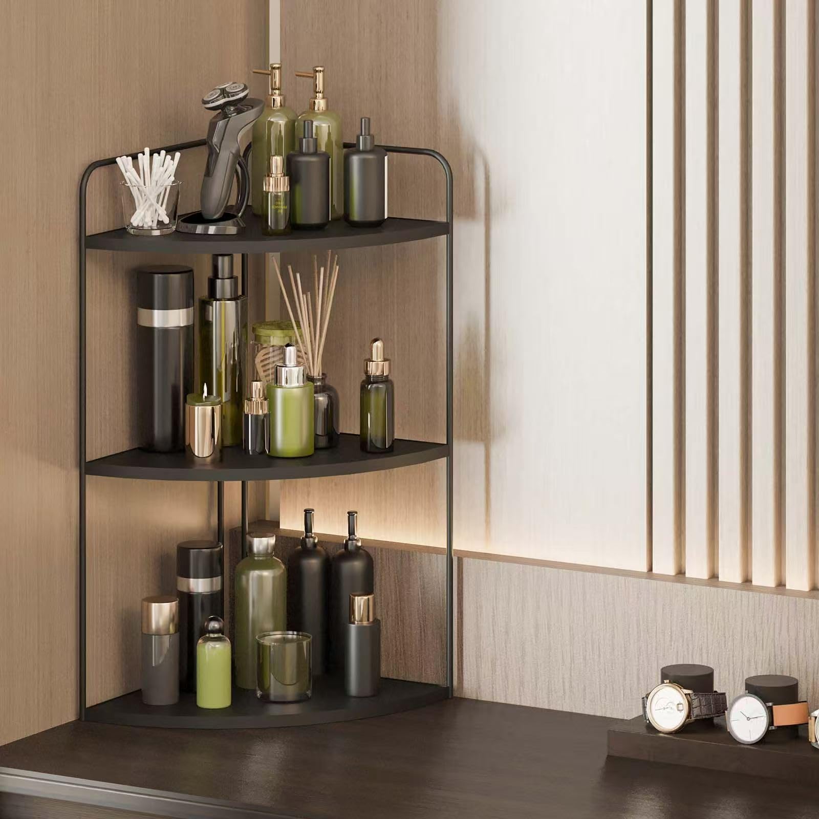 Forest Angle makeup and skincare arranged on shelf for accessible daily routine