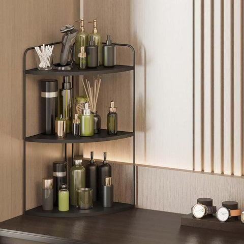 Forest Angle makeup and skincare arranged on shelf for accessible daily routine