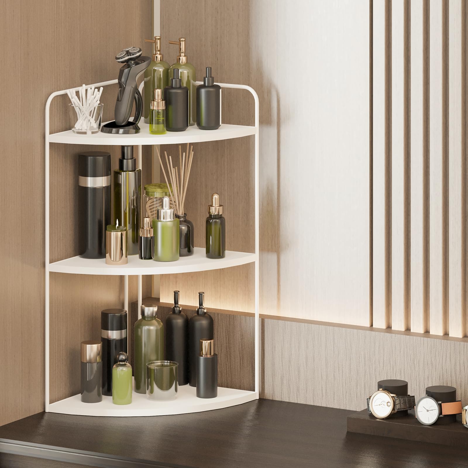 Forest Angle holding makeup and brushes for quick morning routine