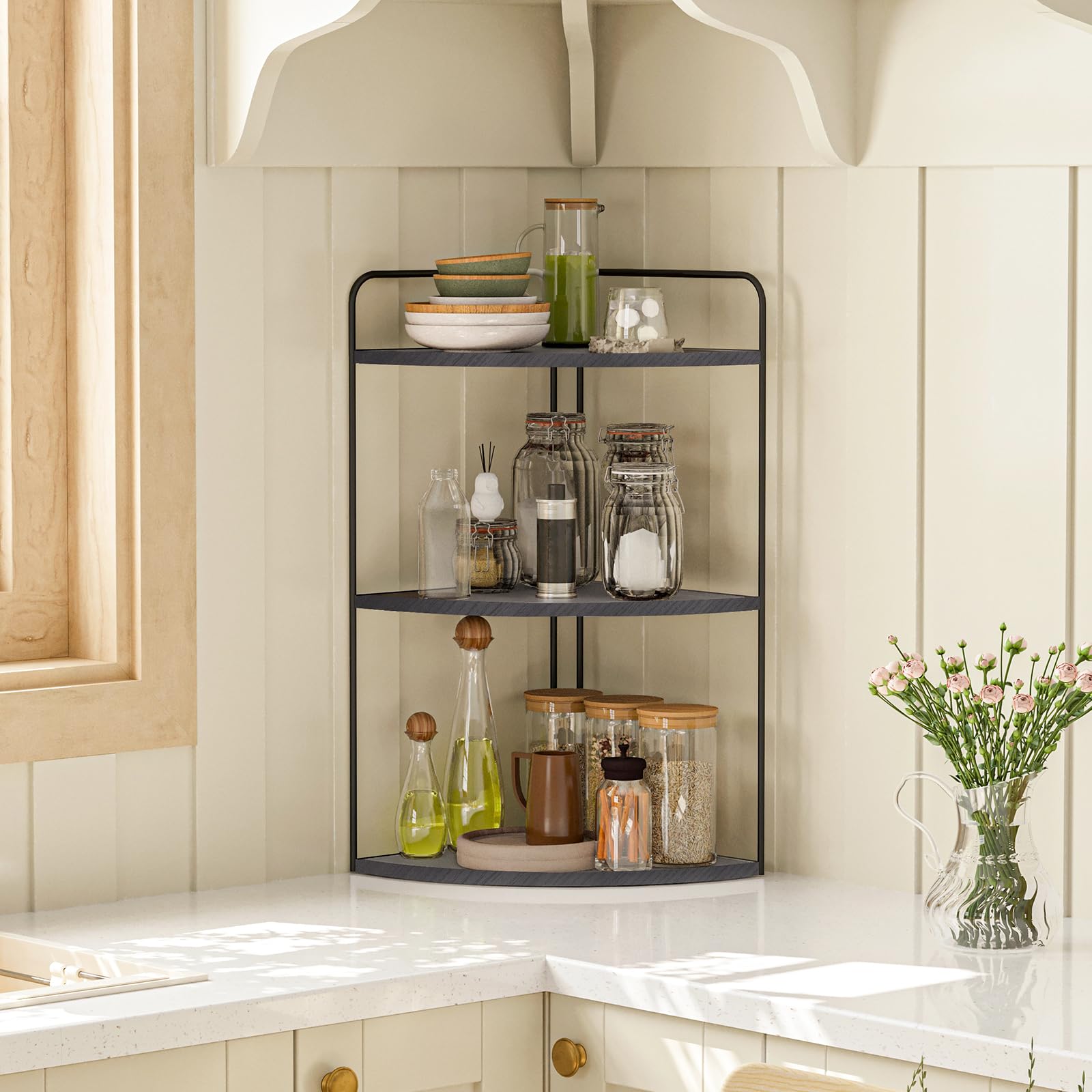 Forest Angle organizer stocked with skincare and makeup for quick-access morning routine efficiency