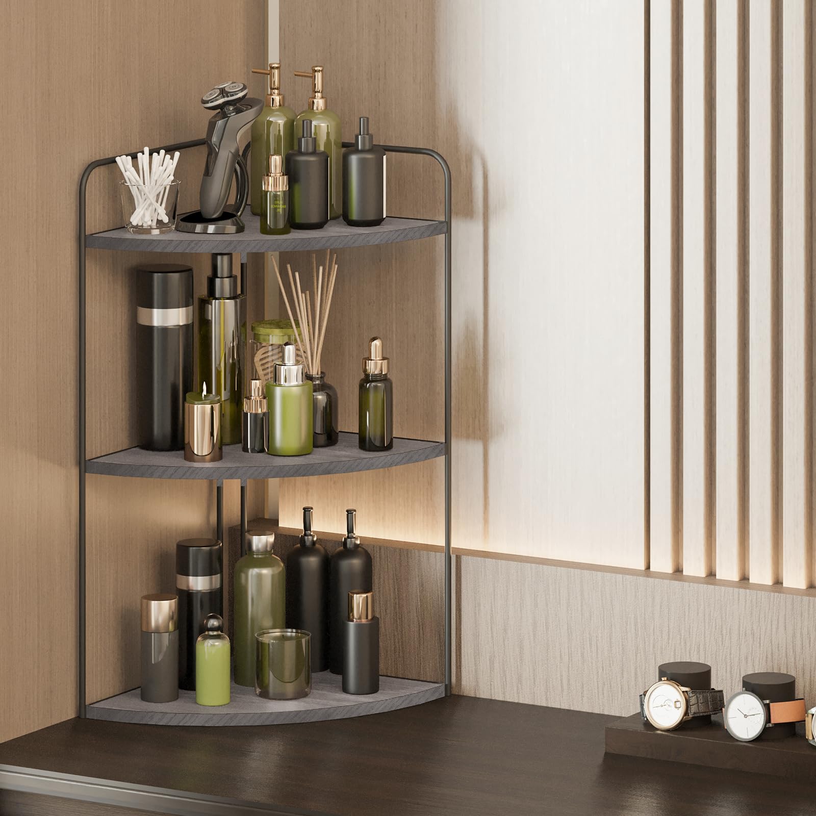 Forest Angle size comparison beside toothbrush holder showing compact footprint that saves counter space