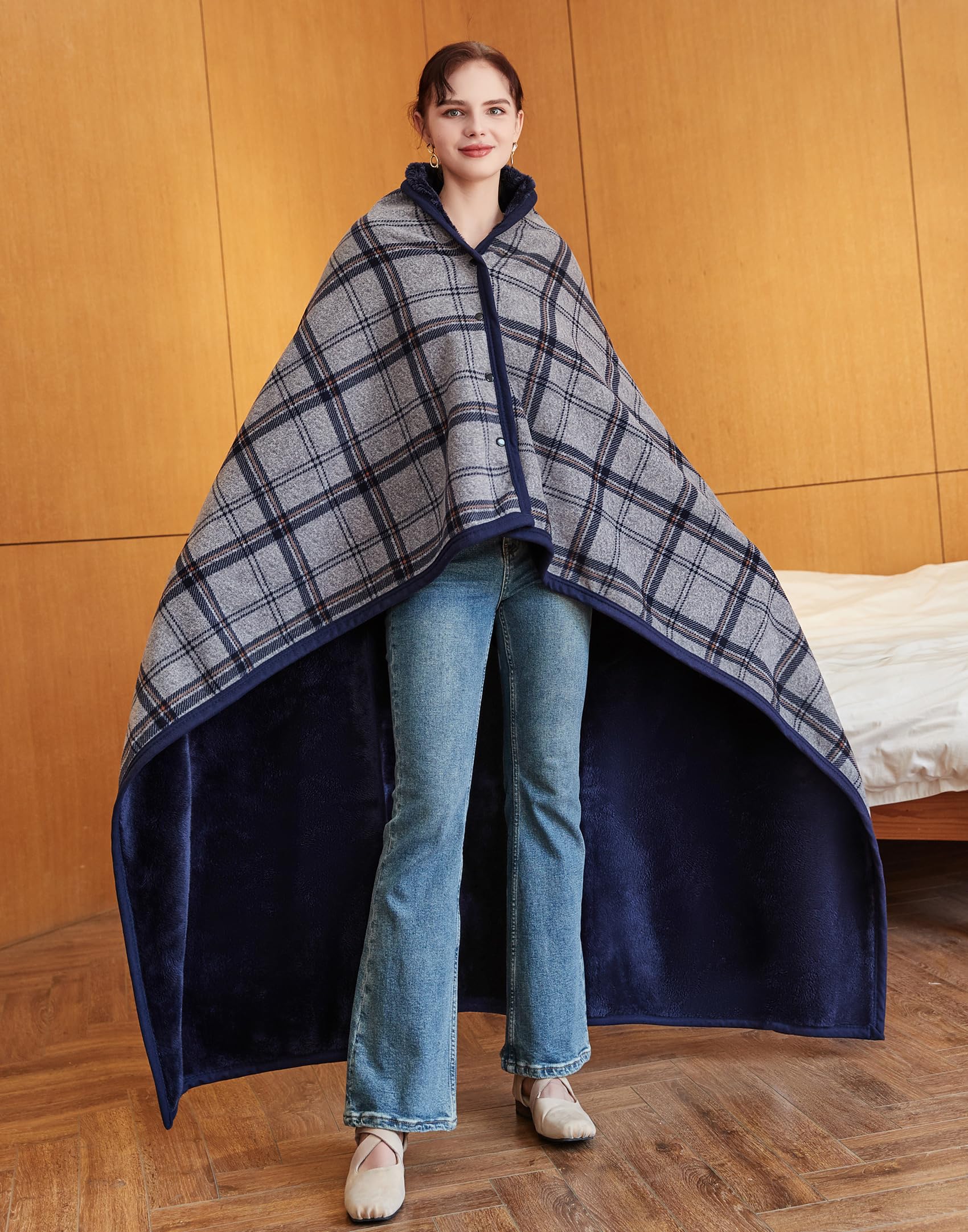forestfish wearable blanket in use by woman reading for hands-free warmth