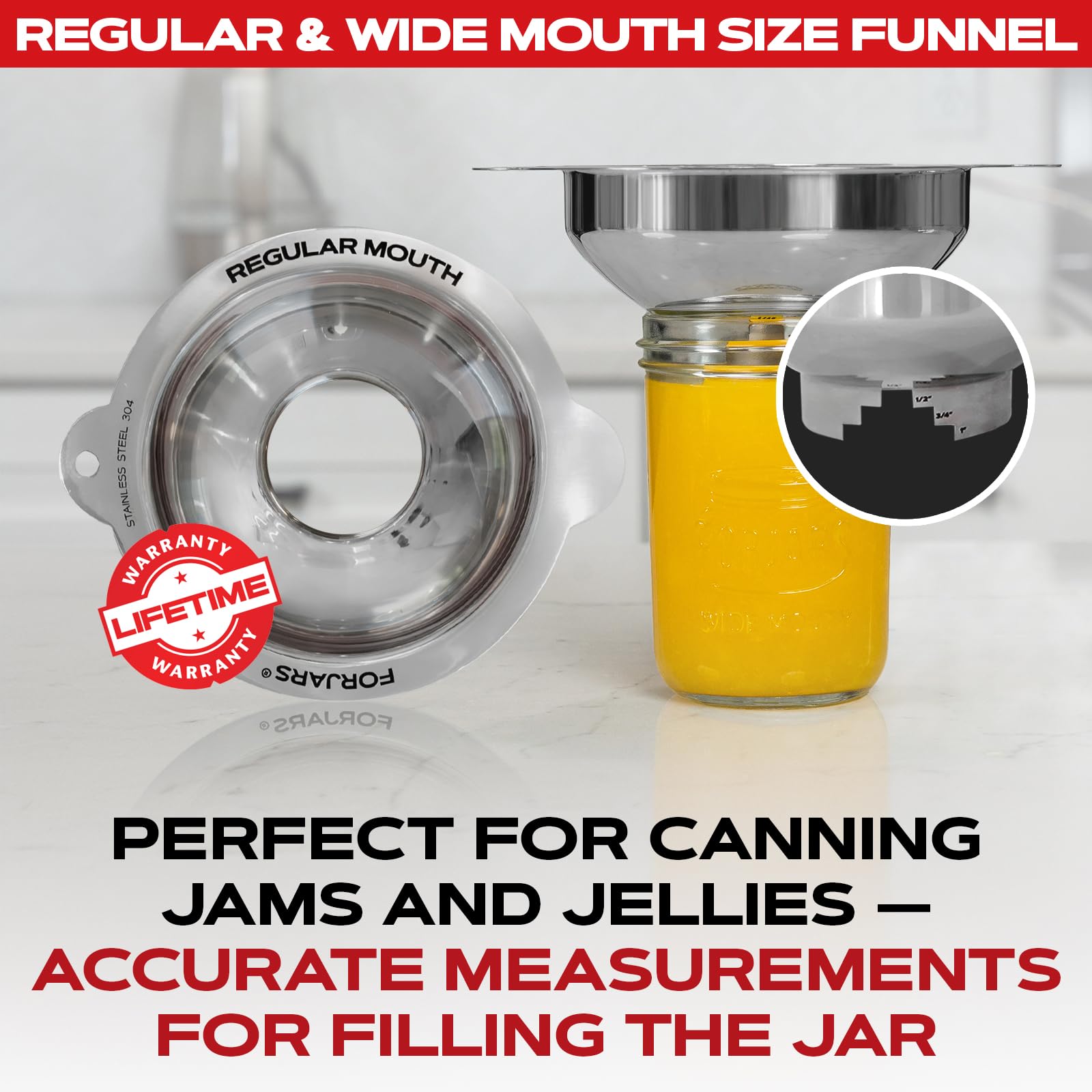 FORJARS funnel set on kitchen counter with ingredients, tidy transfer benefit