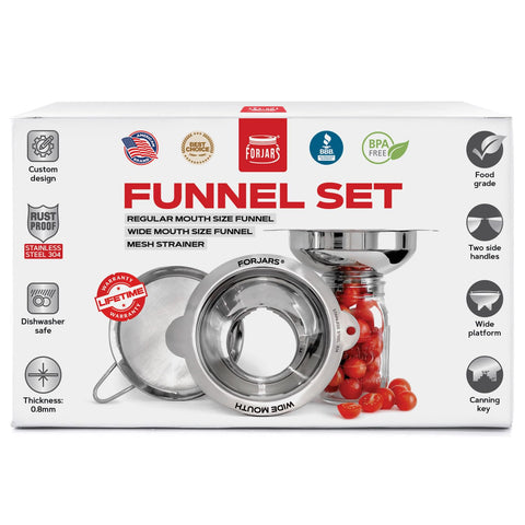 FORJARS front view of three-piece funnel set, durable stainless benefit