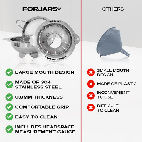 FORJARS two funnels side-by-side to show size fit for jar mouths benefit