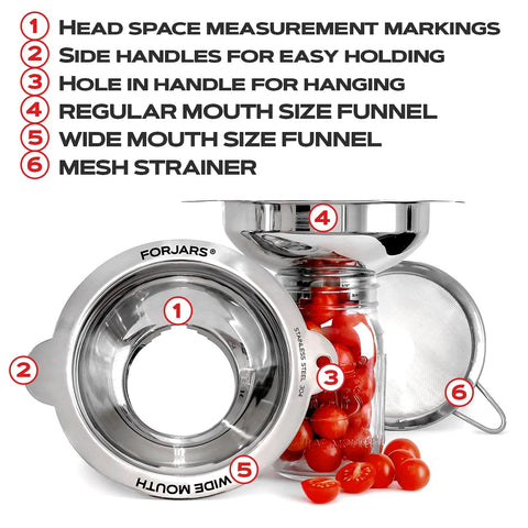 FORJARS funnels positioned over Mason jar during canning, spill reduction benefit