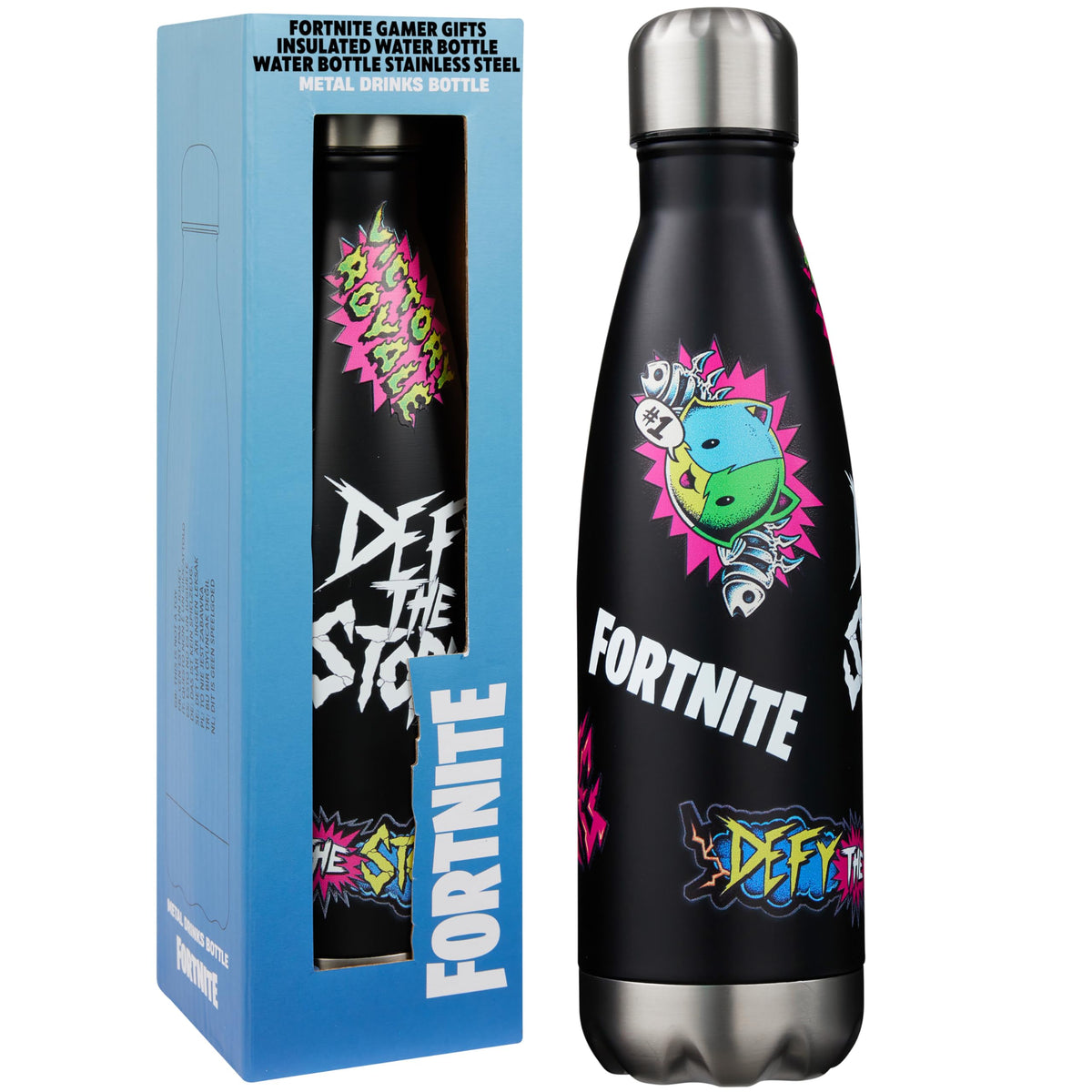Fortnite front view of black bottle showing bold gamer graphics and easy identification
