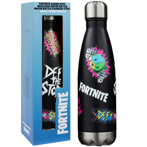 Fortnite front view of black bottle showing bold gamer graphics and easy identification