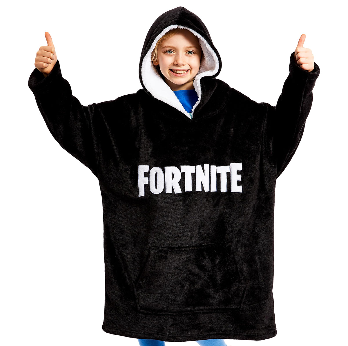 Fortnite front view wearable blanket hoodie showing gamer print and roomy fit benefit