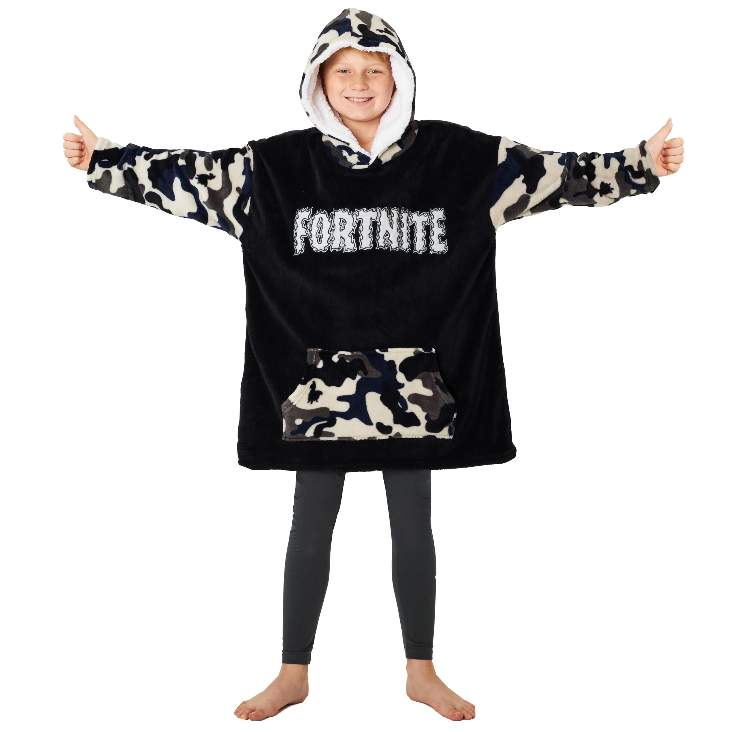 Fortnite front view hoodie showing camo print and oversized fit for comfort
