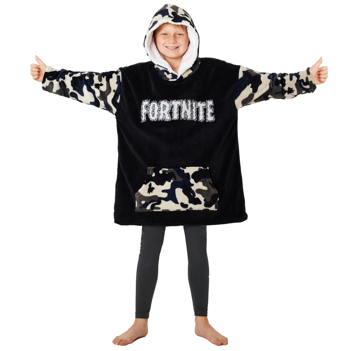 Fortnite front view hoodie showing camo print and oversized fit for comfort