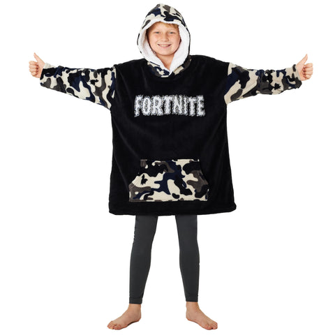 Fortnite front view hoodie showing camo print and oversized fit for comfort