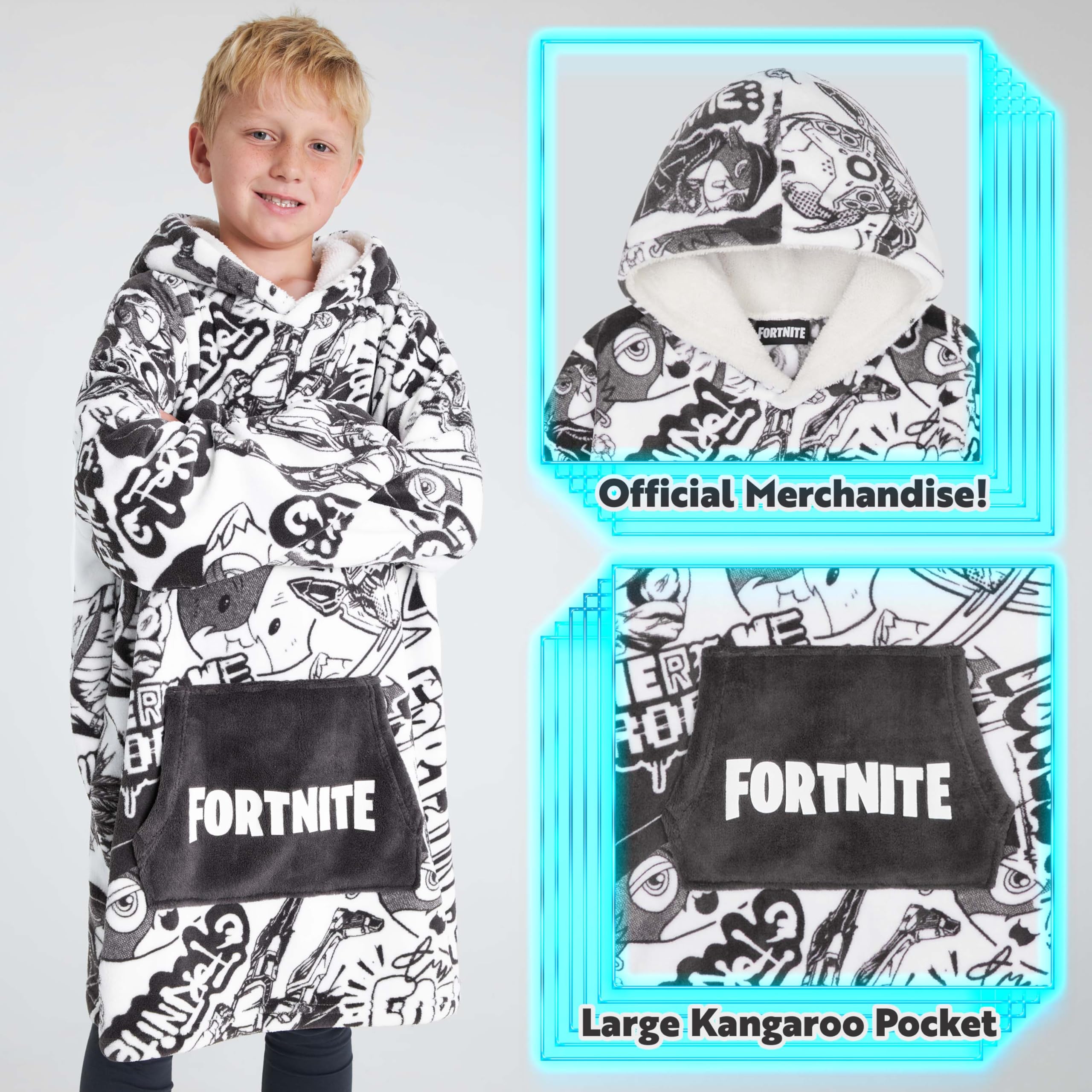 Teen wearing Fortnite blanket hoodie while gaming showing mobility