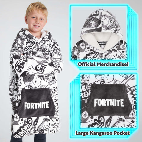 Teen wearing Fortnite blanket hoodie while gaming showing mobility