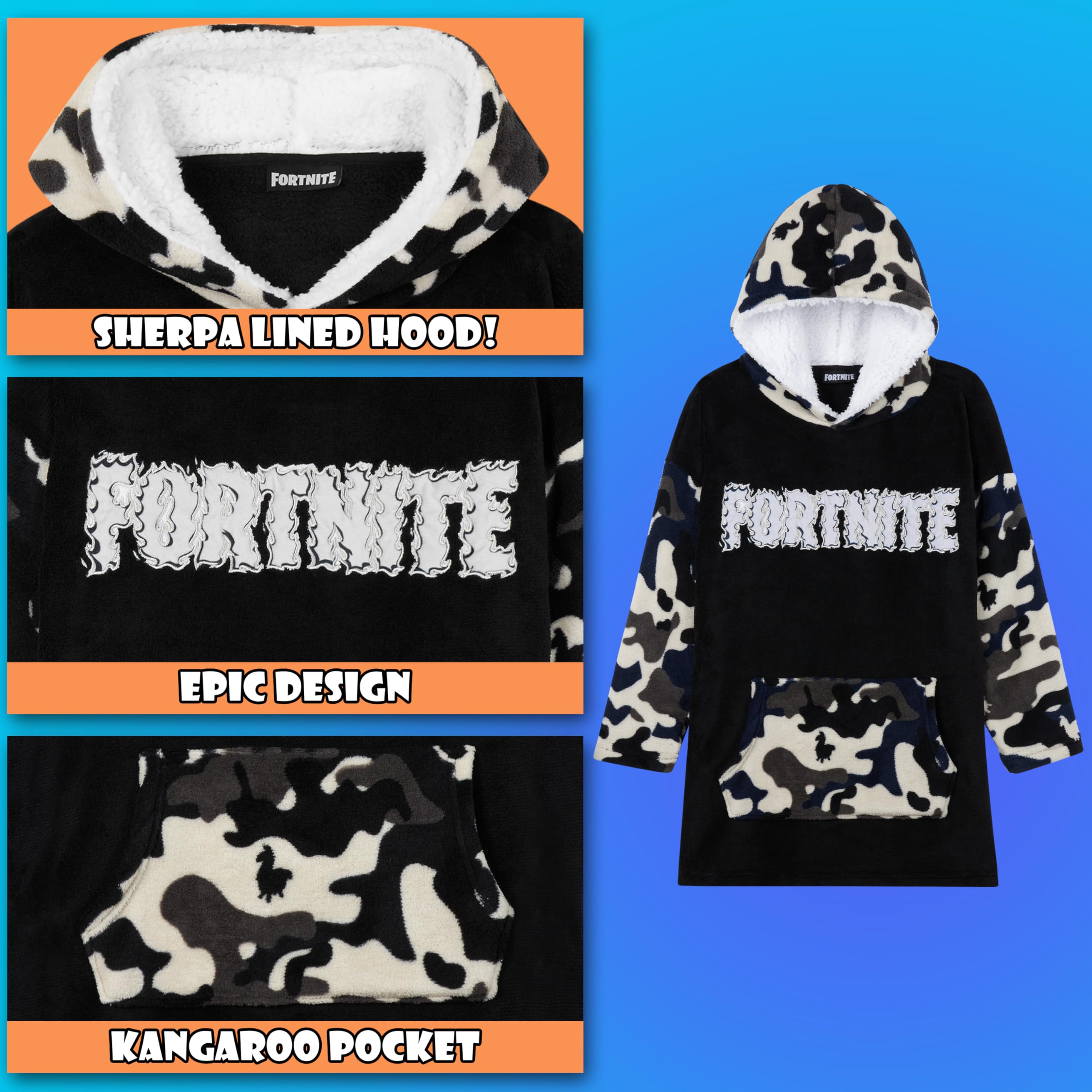 Fortnite size comparison showing hoodie length and coverage on model