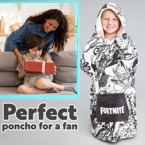 Fortnite hoodie blanket beside backpack for size and scale context
