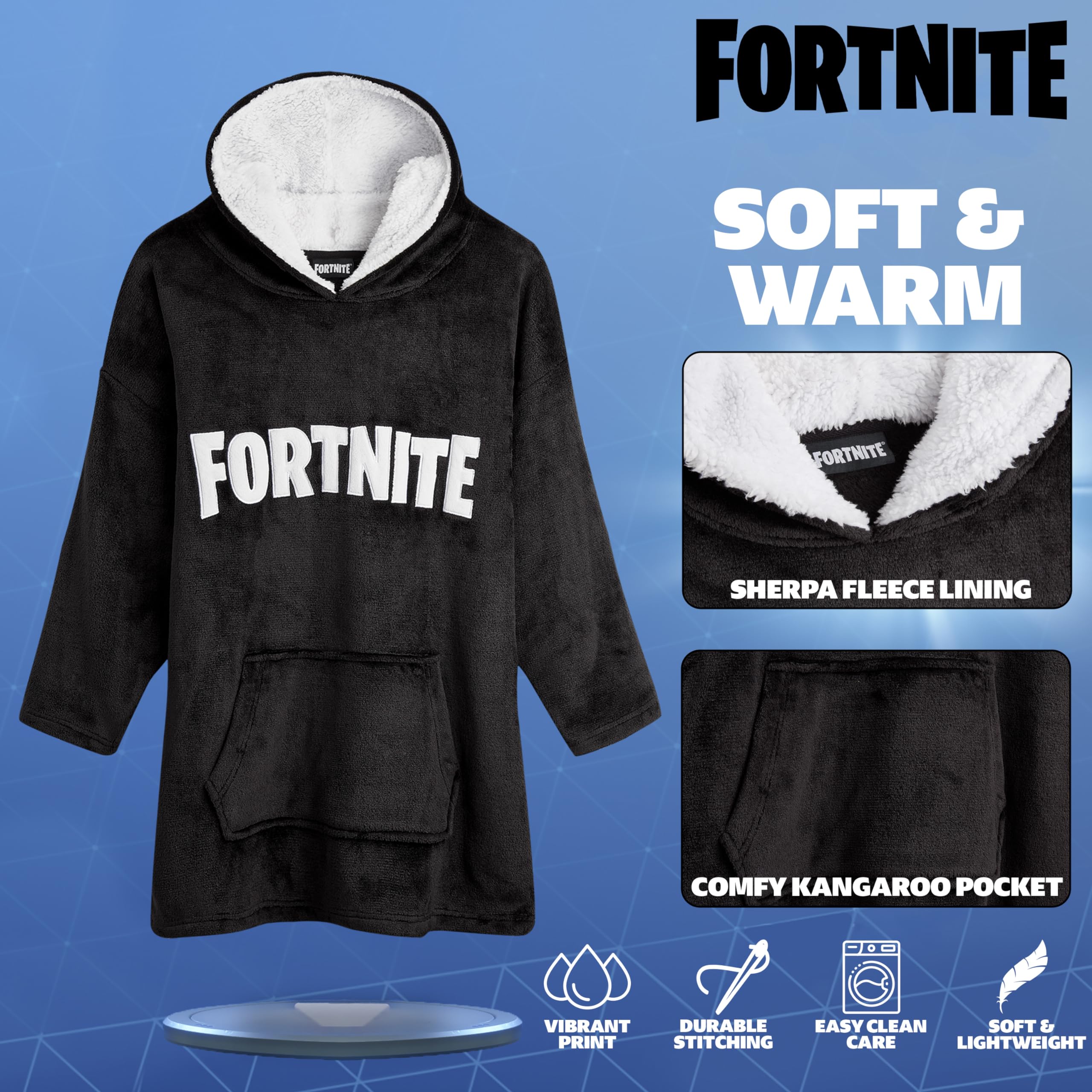 Fortnite teen wearing hoodie blanket in living room enabling mobility and warmth benefit