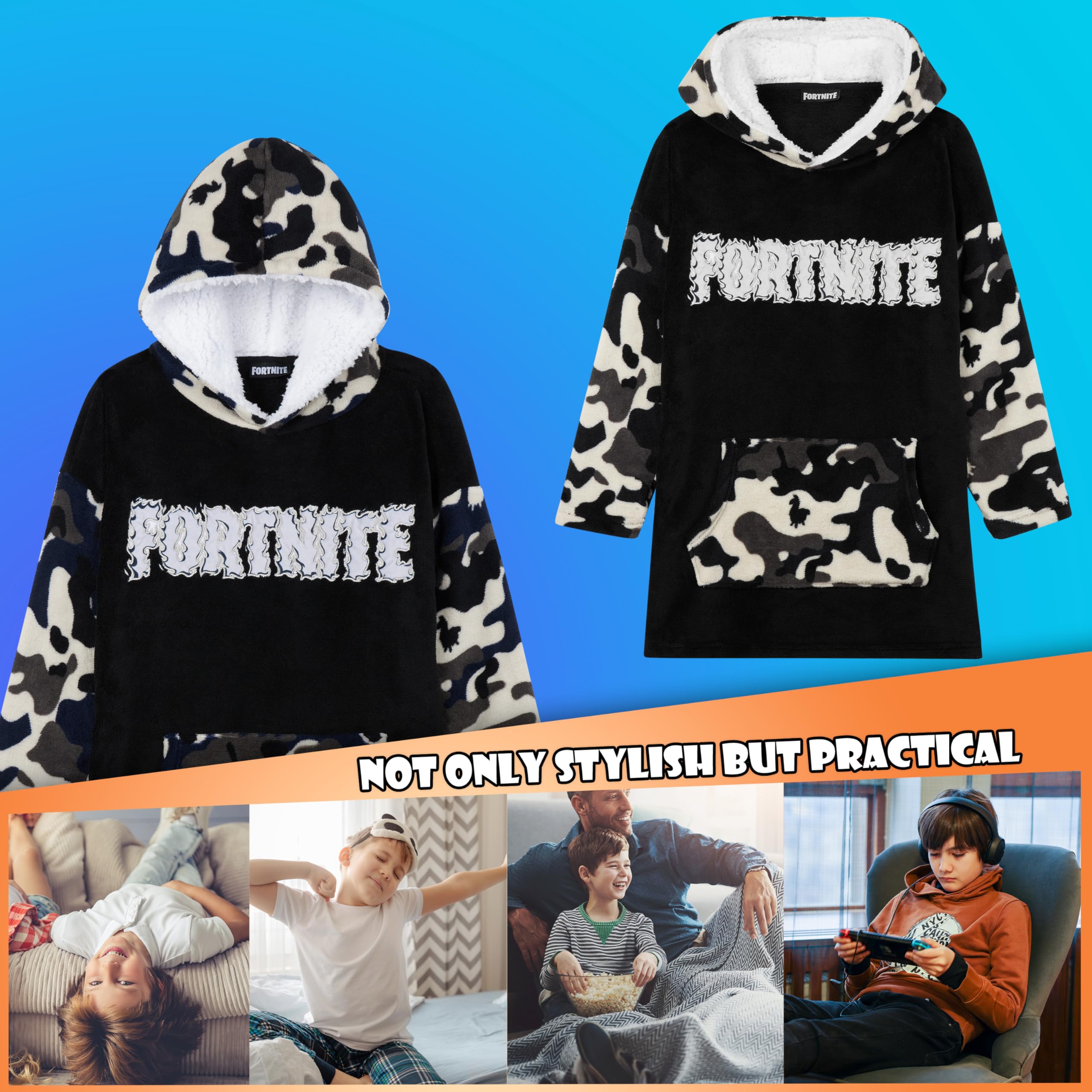 Fortnite hoodie in use by teen gaming showing mobility and comfort