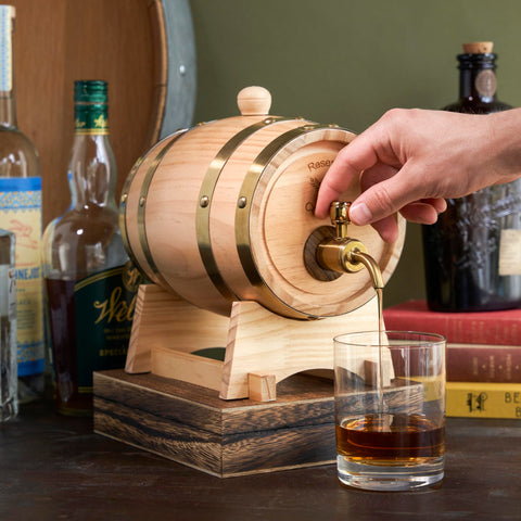 Foster & Rye barrel in use pouring whiskey into glass for effortless serving