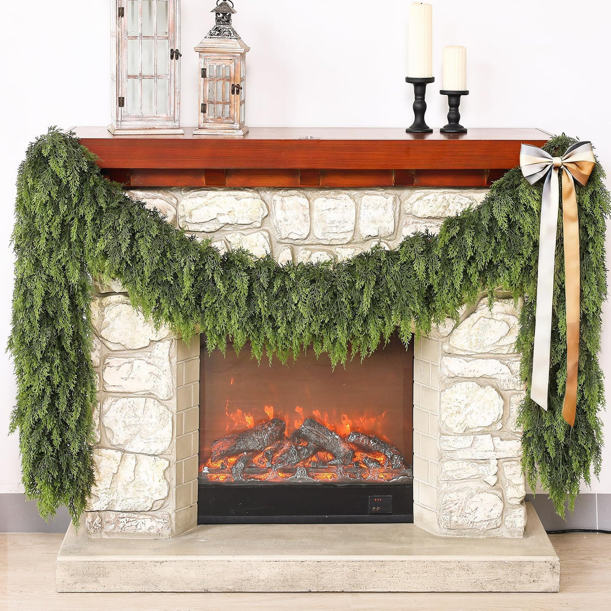 FOTEEWL front view of 5 ft cedar garland showing full lush volume benefit