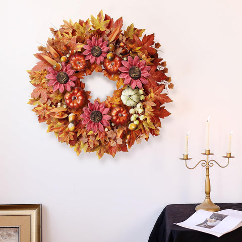 FOTEEWL wreath hung on wooden front door creating warm curb appeal