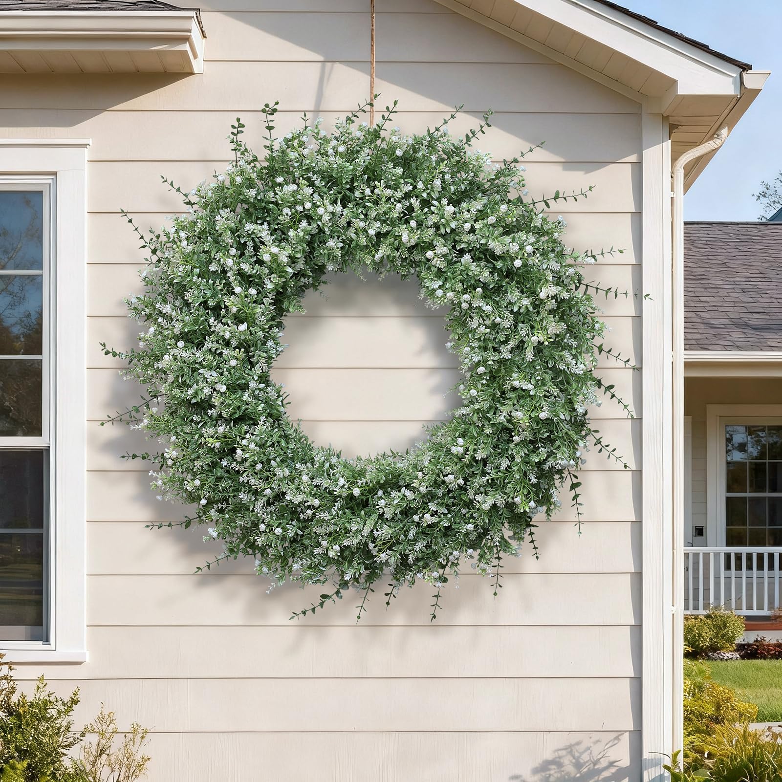 FOTEEWL wreath styled with ribbon to show seasonal decorating options