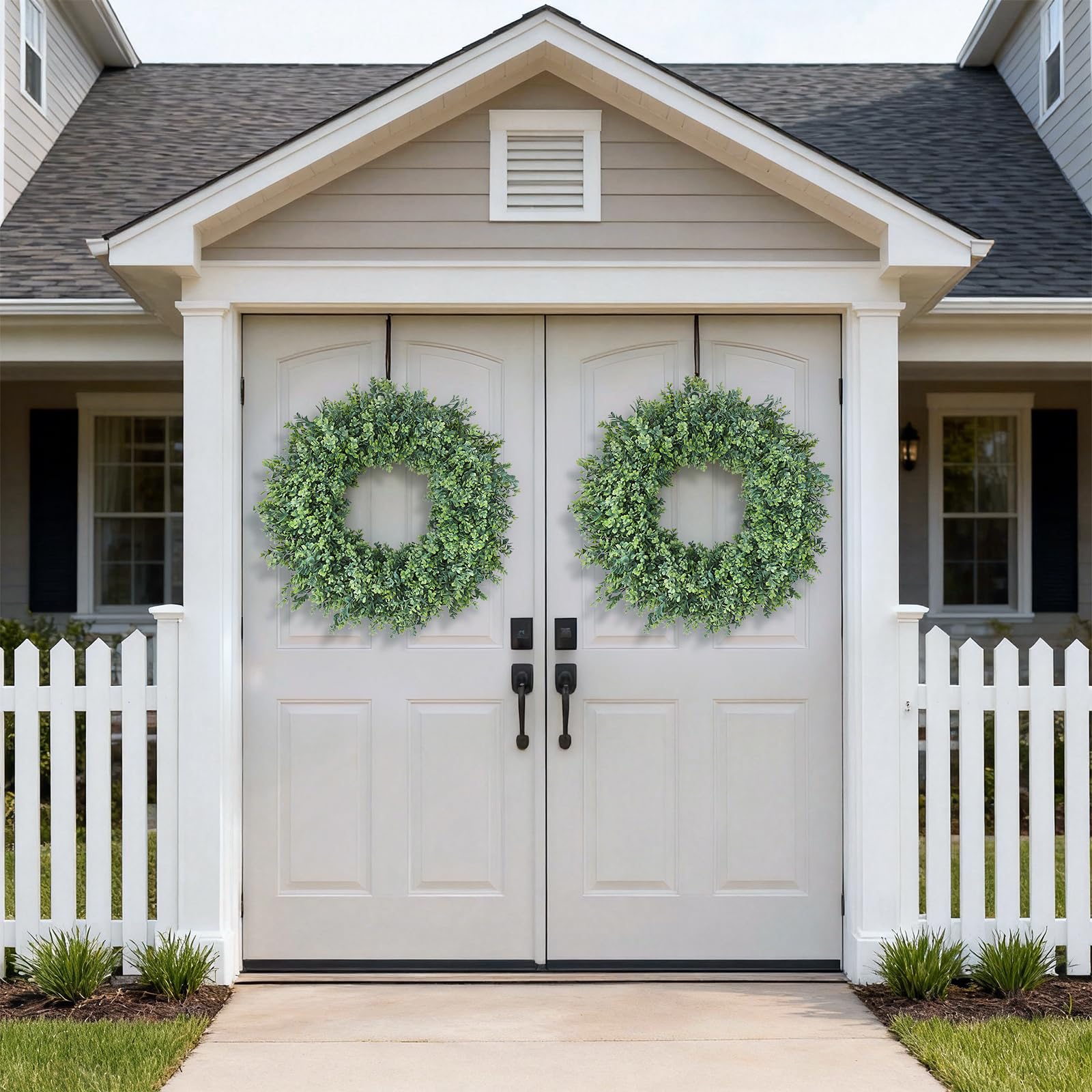 FOTEEWL wreath hung on wooden door adding welcoming greenery