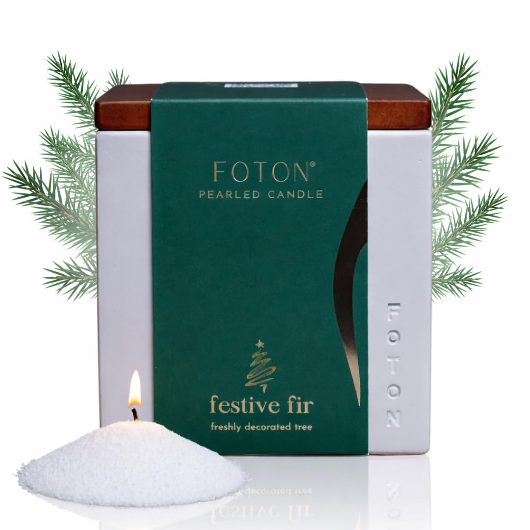 Foton front view of Festive Fir 16oz candle showing concrete vessel and label for modern décor