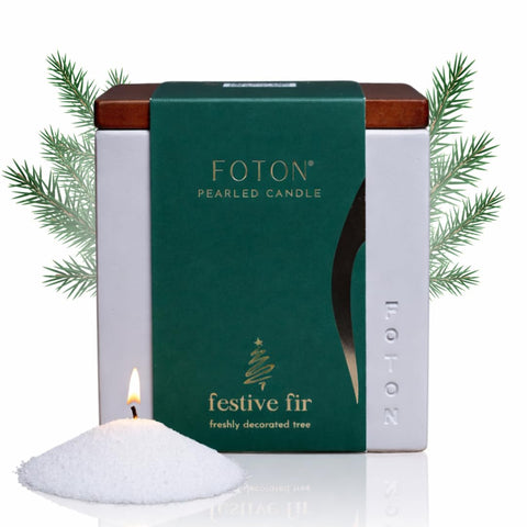 Foton front view of Festive Fir 16oz candle showing concrete vessel and label for modern décor