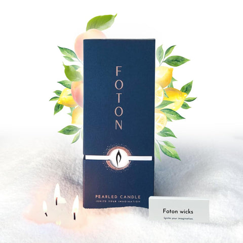 Foton jar front view showing sassy citrus label and elegant packaging, enhances decor