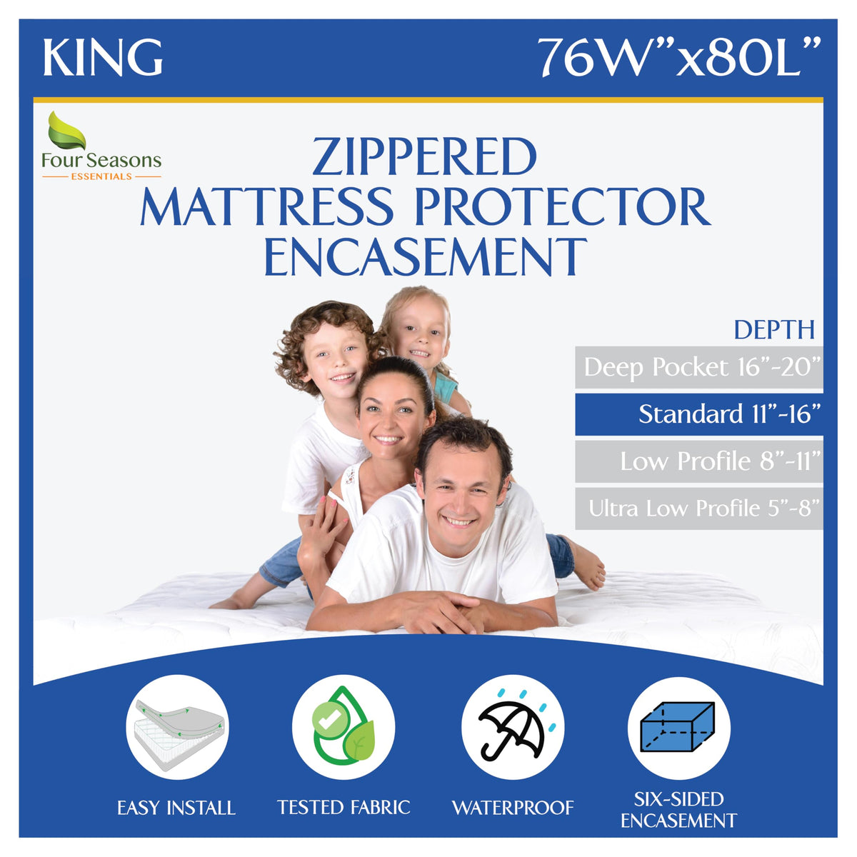Four Seasons Essentials front view of king mattress protector showing full encasement benefit