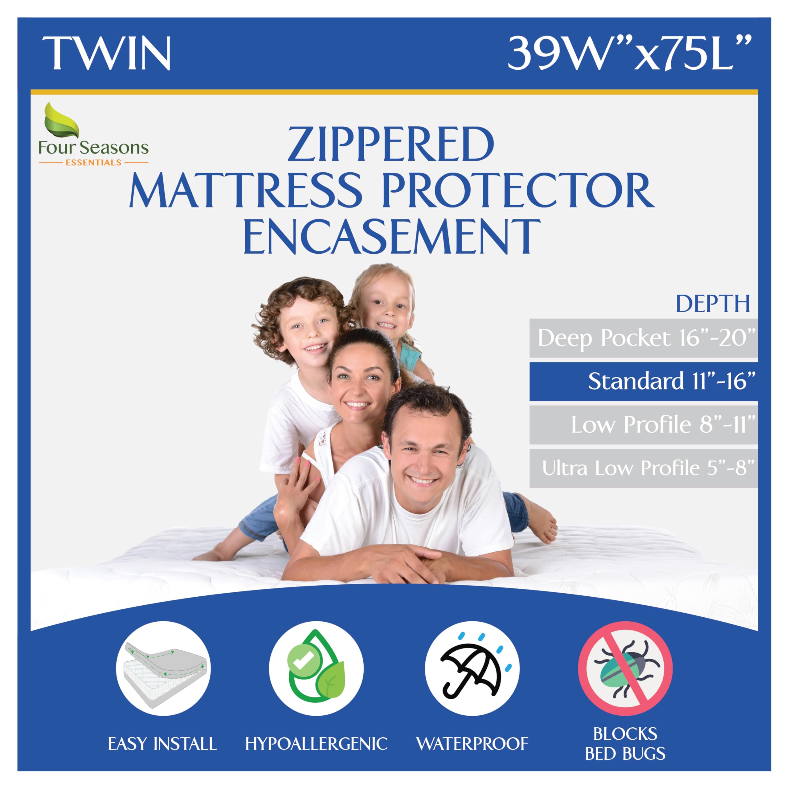 Four Seasons Essentials front view of zippered encasement showing full coverage and neat fit
