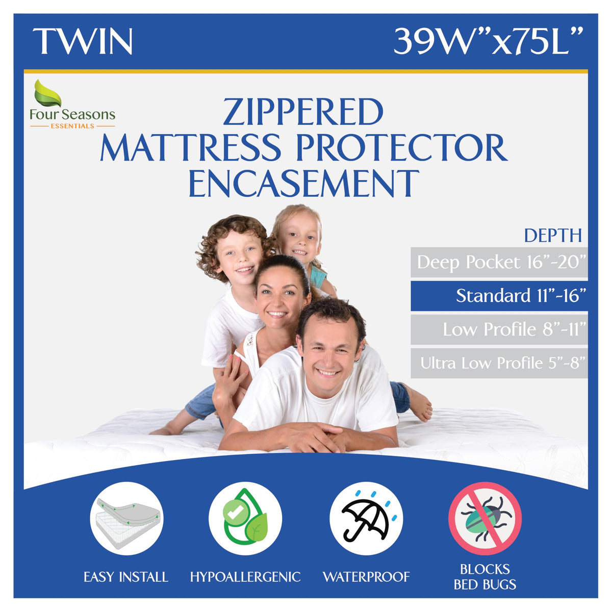 Four Seasons Essentials front view of zippered encasement showing full coverage and neat fit