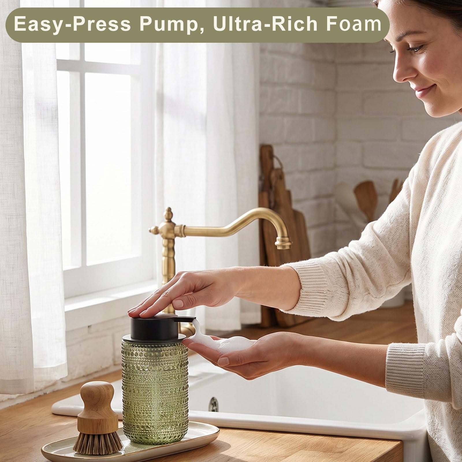 FOVCENT dispenser by kitchen sink in use providing convenient foaming soap access