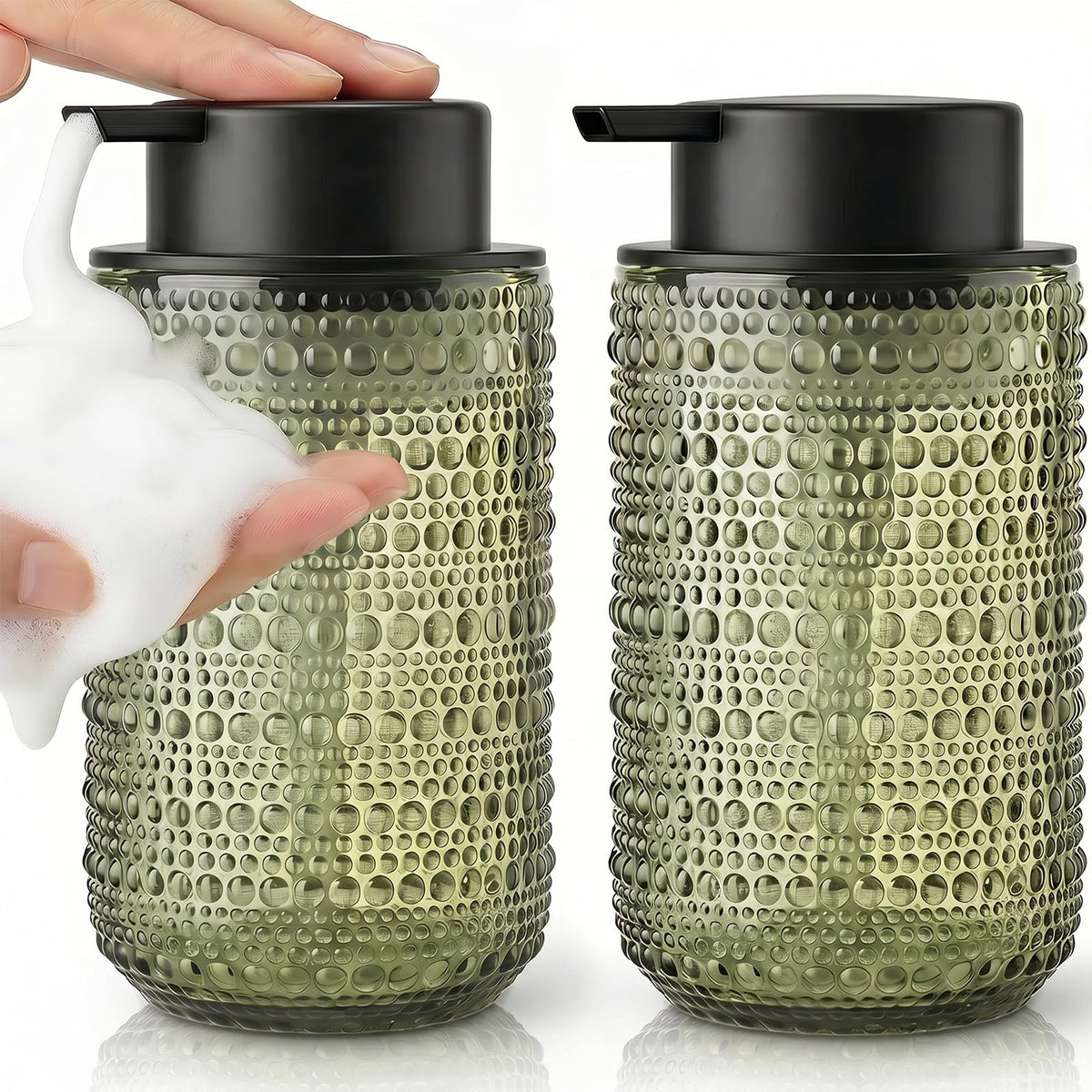 FOVCENT front view of two green hobnail glass dispensers showing vintage style and durability