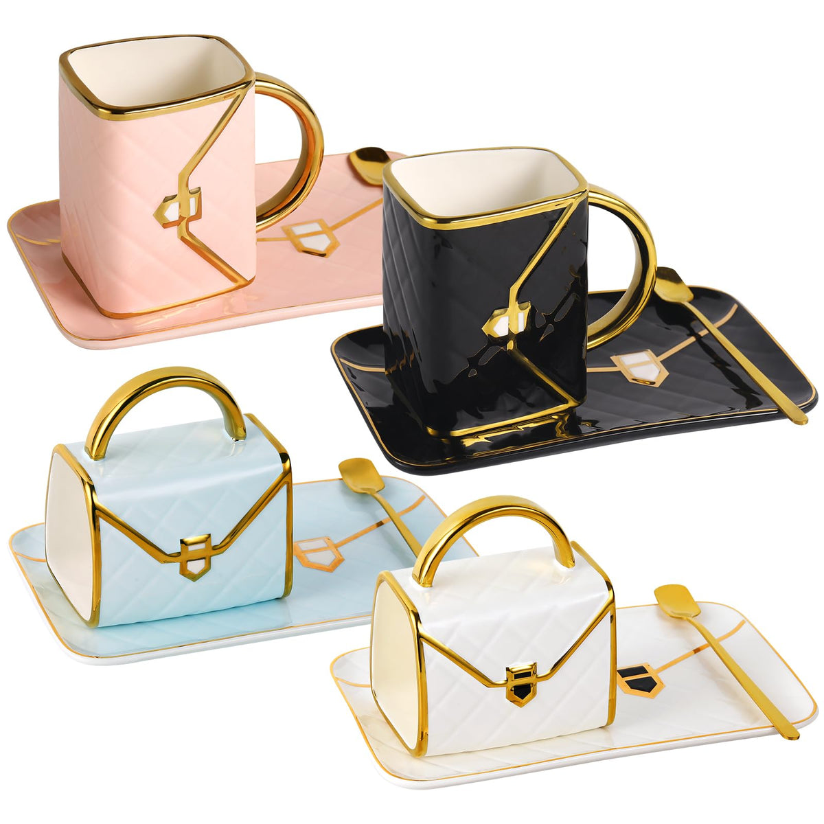 Fovima handbag mug set front view showcasing four colored cups and saucers for stylish serving