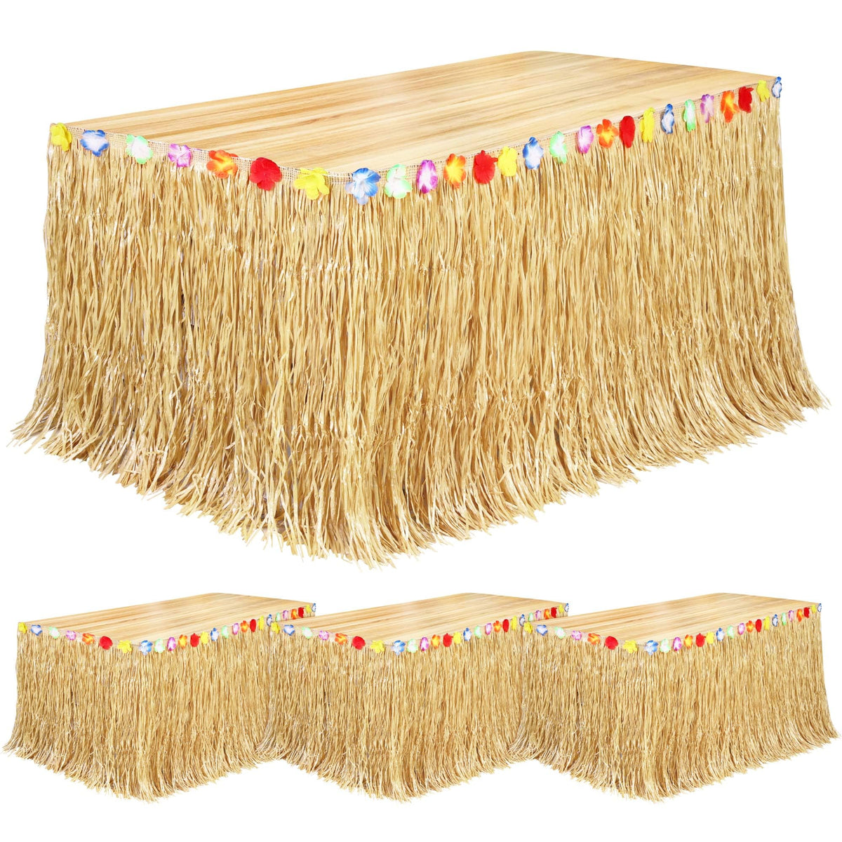 Fovths front packaging showing four straw-yellow grass skirts and contents benefit easy setup