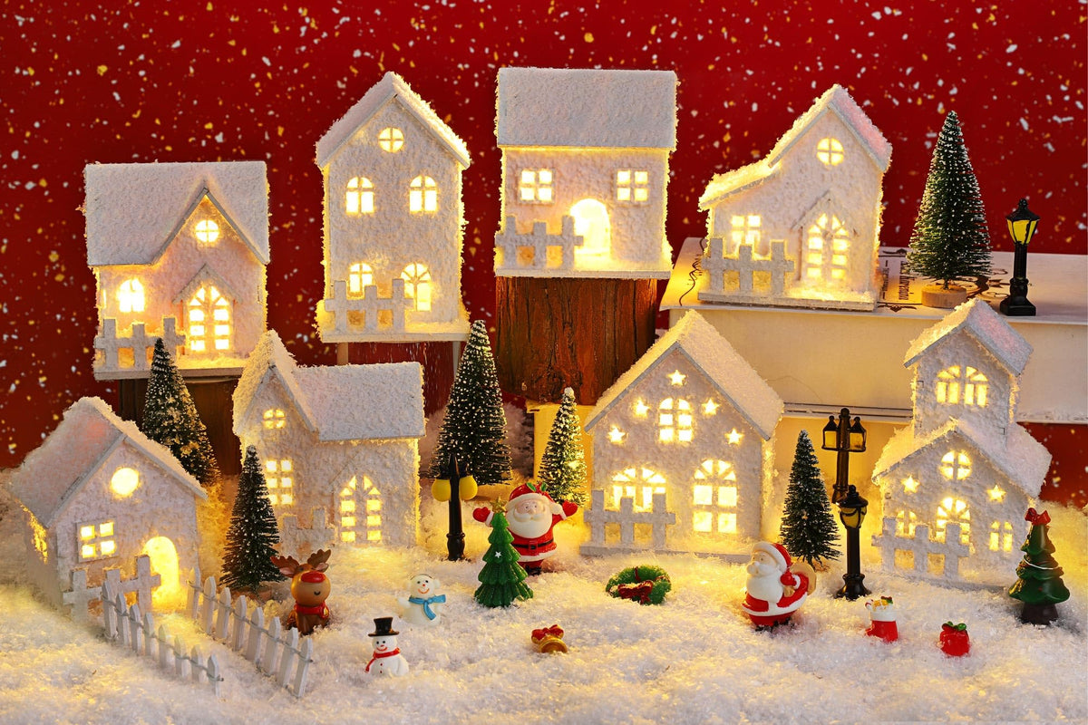 Fovths front display of whole village set showing warm LED glow benefit