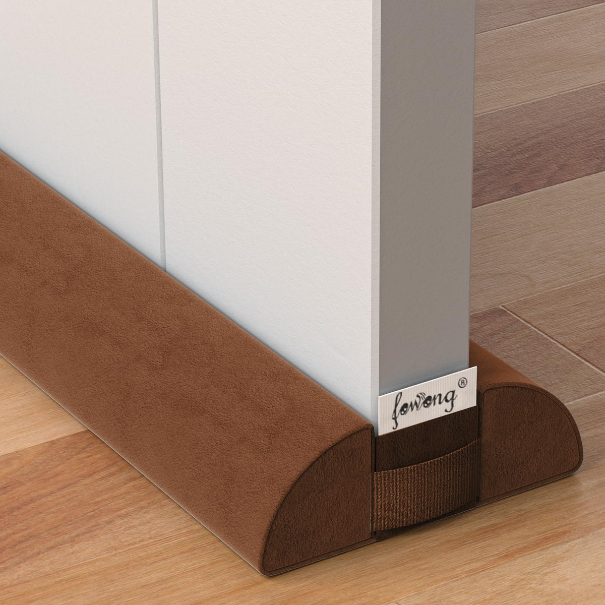 fowong front view of brown draft stopper showing full-length fit and neat appearance