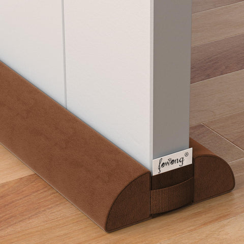 fowong front view of brown draft stopper showing full-length fit and neat appearance