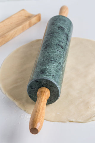 Close-up of Fox Run marble barrel texture highlighting smooth non-stick surface for easier dough work
