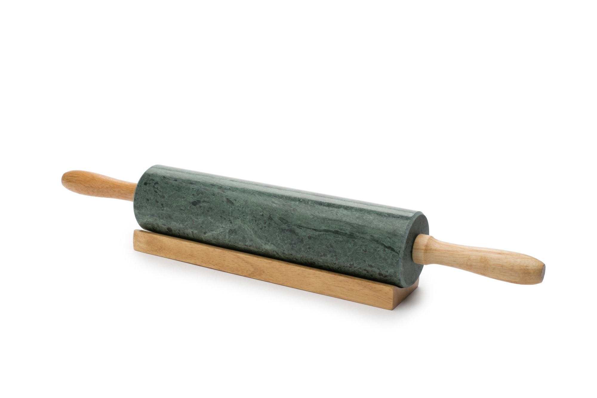 Fox Run marble rolling pin front view showing polished green barrel and wooden handles for precise rolling